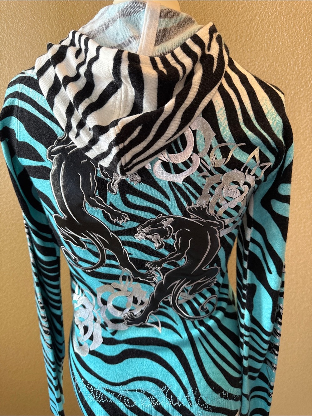 Zebra Stripe Teal & Black Zip Hoodie - Picture 4 of 6